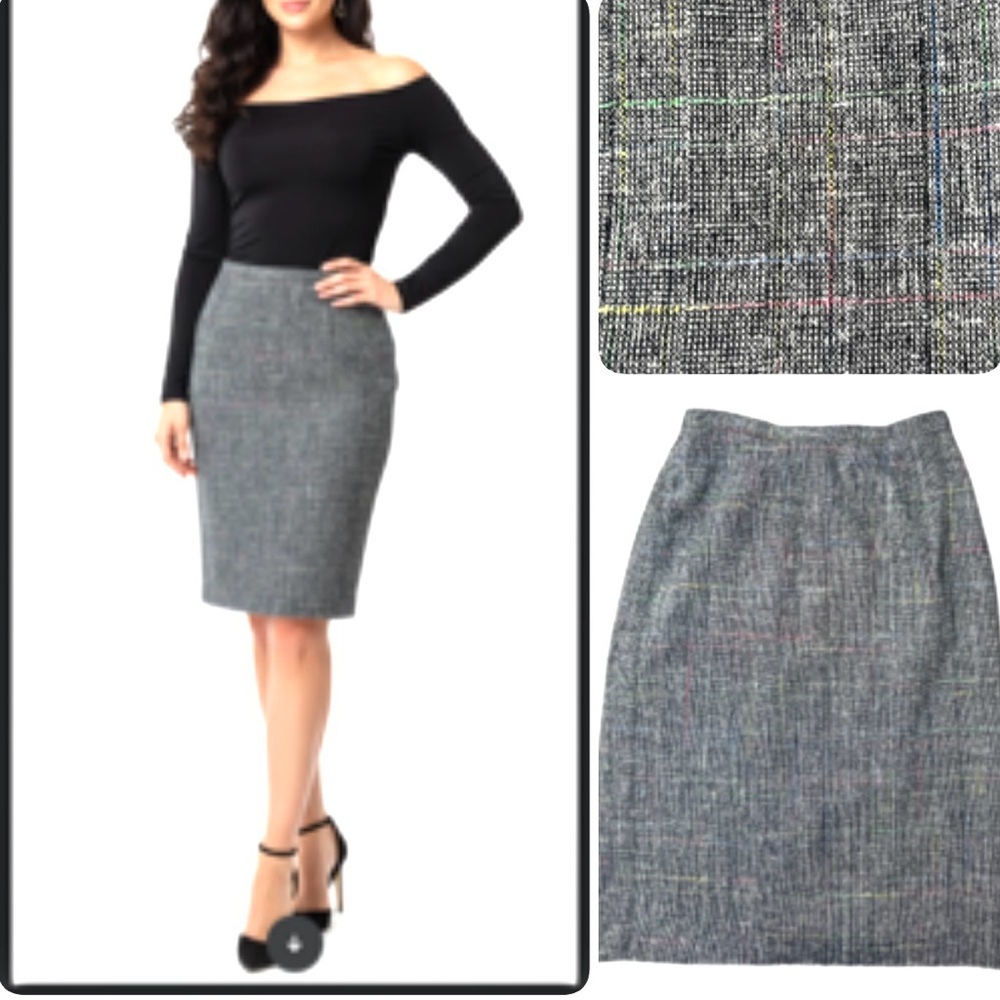 Vintage Preppy Tweed Elegant Black Multicolor Pencil Skirt